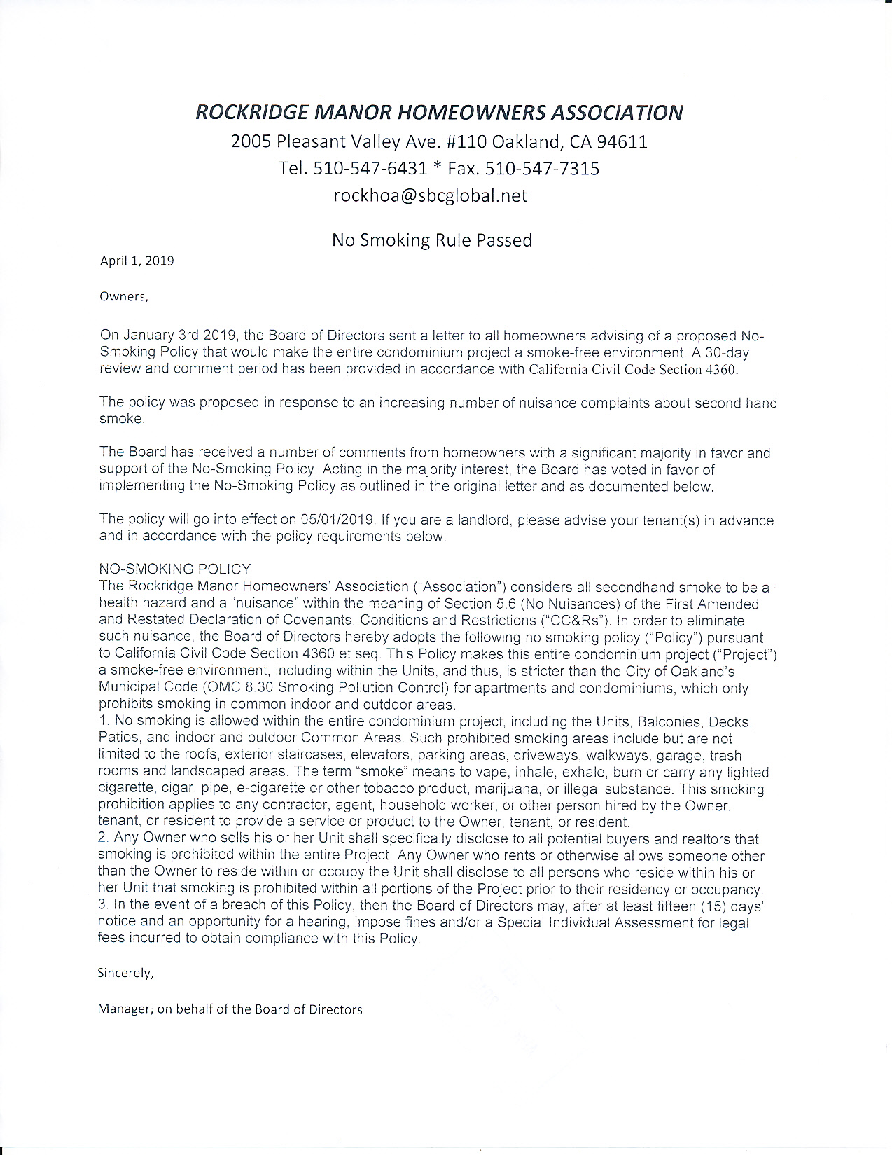 Notice of No Smoking rule Passed 4-1-2019