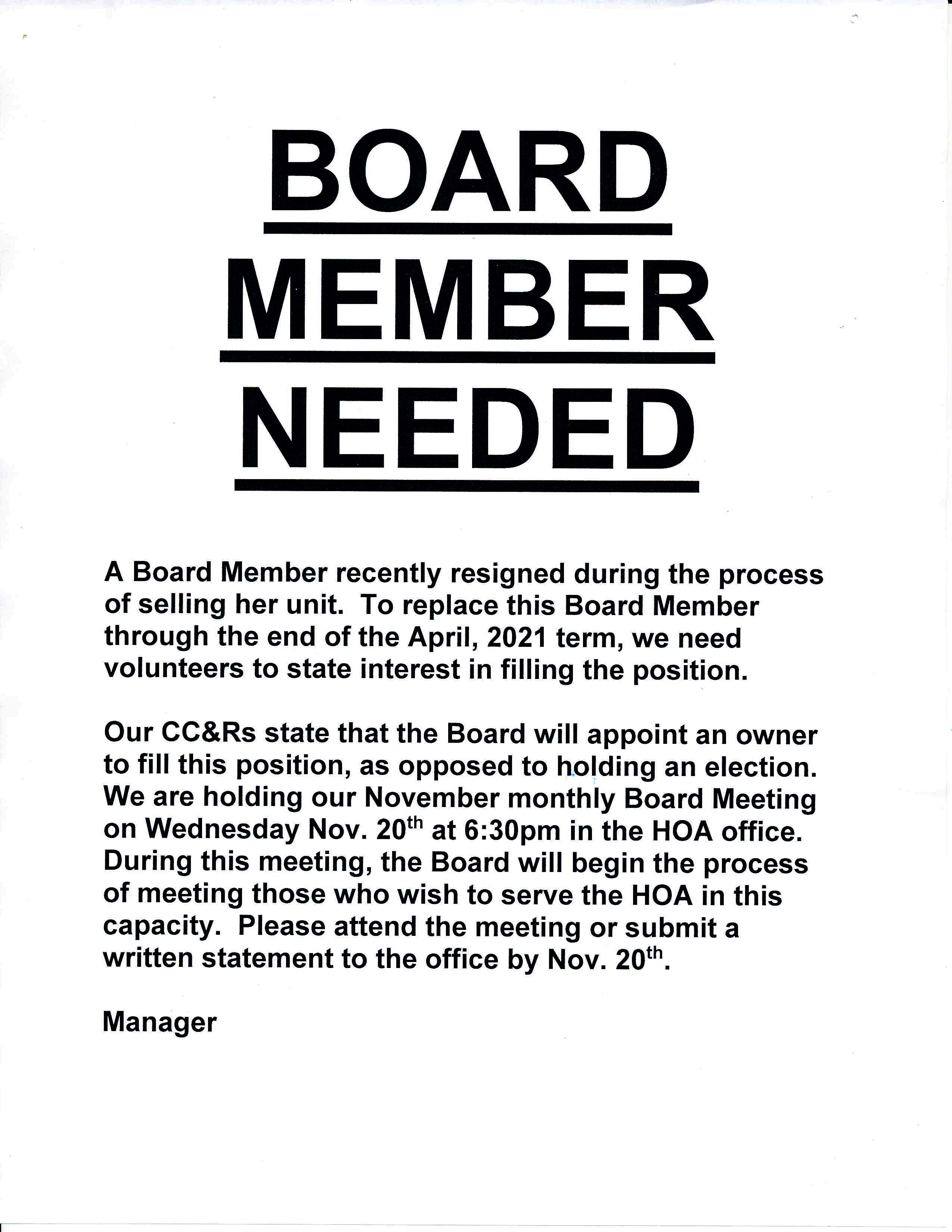 2019-11-16 RMHOA Board Member needed